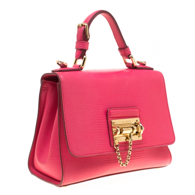 Pre Owned Dolce & Gabbana  Pink Coral Lizard Embossed Leather Small Miss Monica Top Handle Bag