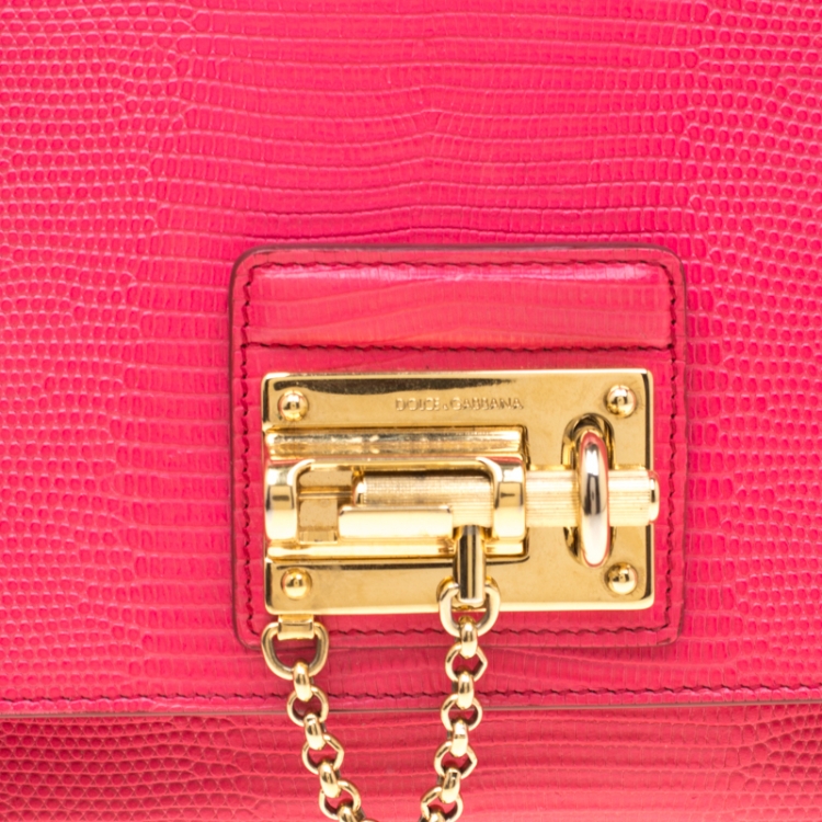 Pre Owned Dolce & Gabbana  Pink Coral Lizard Embossed Leather Small Miss Monica Top Handle Bag