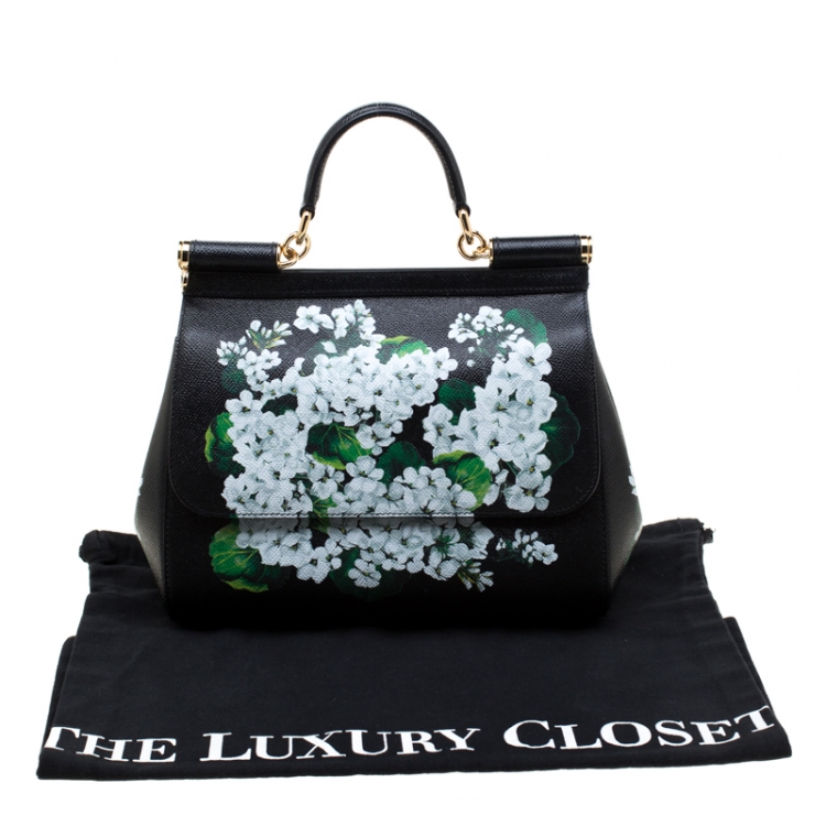 Pre Owned Dolce and Gabbana Black Floral Print Leather Medium Sicily Bag 