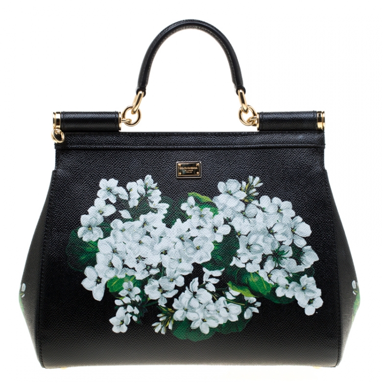 Pre Owned Dolce and Gabbana Black Floral Print Leather Medium Sicily Bag 