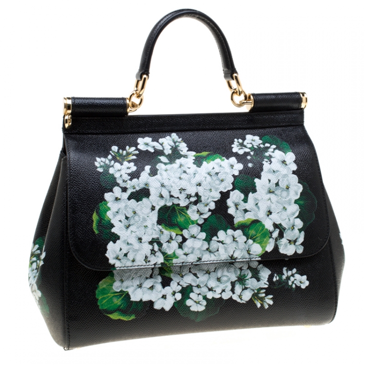 Pre Owned Dolce and Gabbana Black Floral Print Leather Medium Sicily Bag 