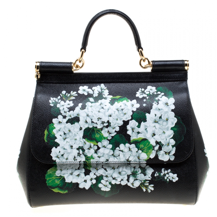 Pre Owned Dolce and Gabbana Black Floral Print Leather Medium Sicily Bag 
