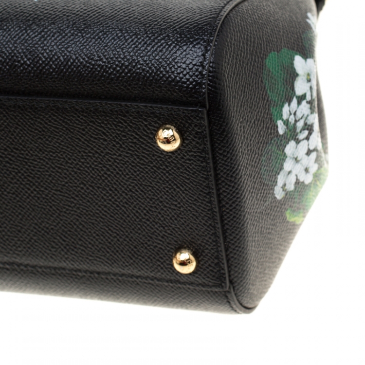 Pre Owned Dolce and Gabbana Black Floral Print Leather Medium Sicily Bag 