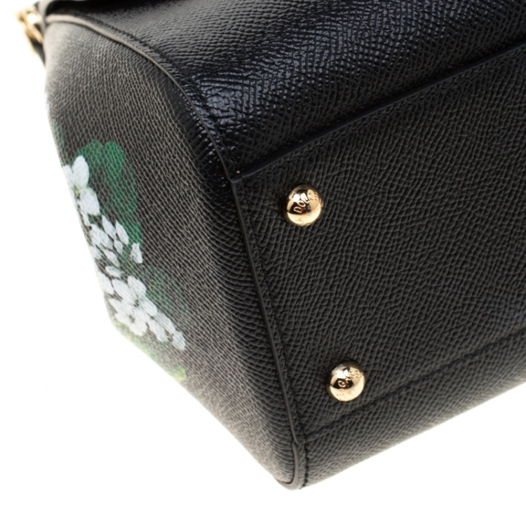 Pre Owned Dolce and Gabbana Black Floral Print Leather Medium Sicily Bag 