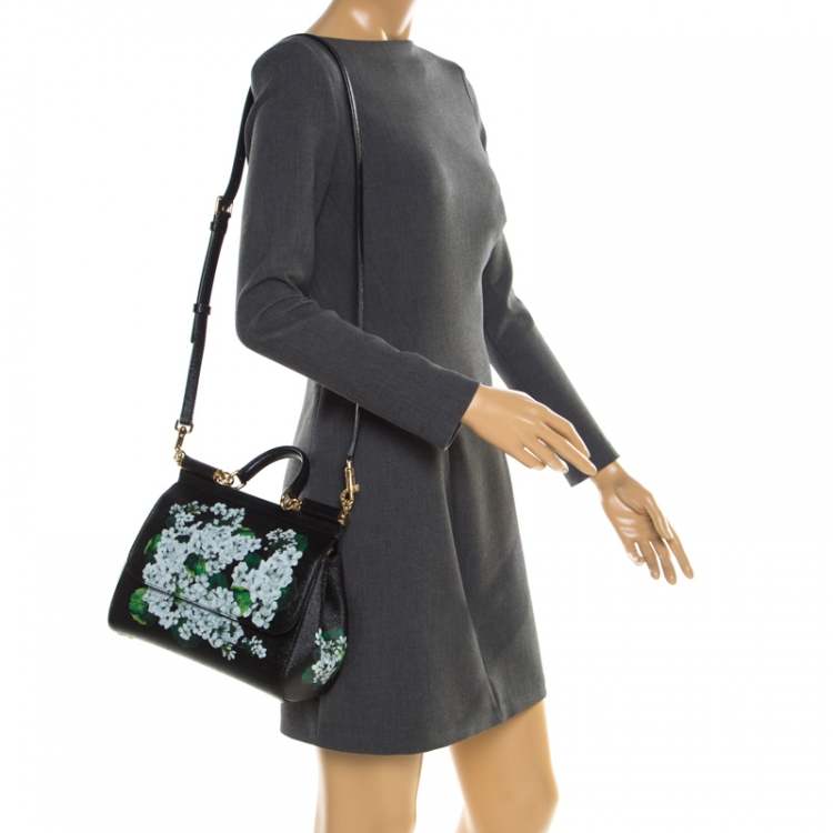 Pre Owned Dolce and Gabbana Black Floral Print Leather Medium Sicily Bag 