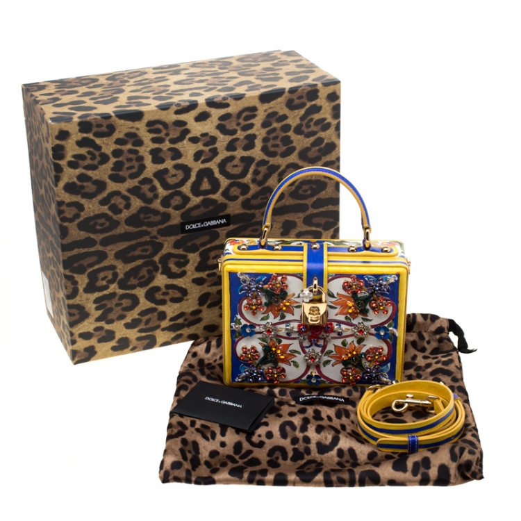 Pre Owned Dolce and Gabbana Multicolor Majolica Print Crystal Embellished Leather Box Pad lock Top Handle Bag 