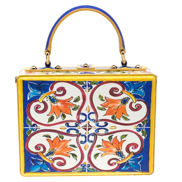 Pre Owned Dolce and Gabbana Multicolor Majolica Print Crystal Embellished Leather Box Pad lock Top Handle Bag 