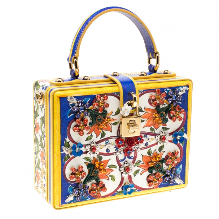 Pre Owned Dolce and Gabbana Multicolor Majolica Print Crystal Embellished Leather Box Pad lock Top Handle Bag 