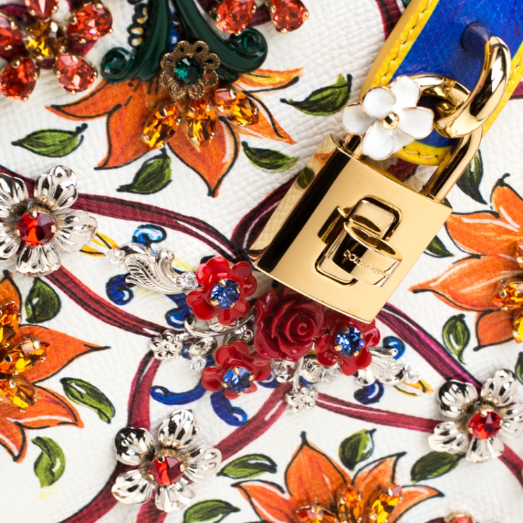 Pre Owned Dolce and Gabbana Multicolor Majolica Print Crystal Embellished Leather Box Pad lock Top Handle Bag 