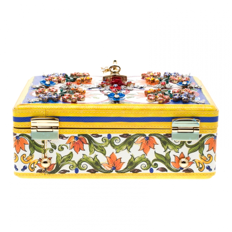 Pre Owned Dolce and Gabbana Multicolor Majolica Print Crystal Embellished Leather Box Pad lock Top Handle Bag 