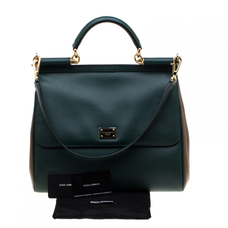 Pre Owned Dolce and Gabbana Dark Green/Brown Leather Large Miss Sicily Top Hande Bag