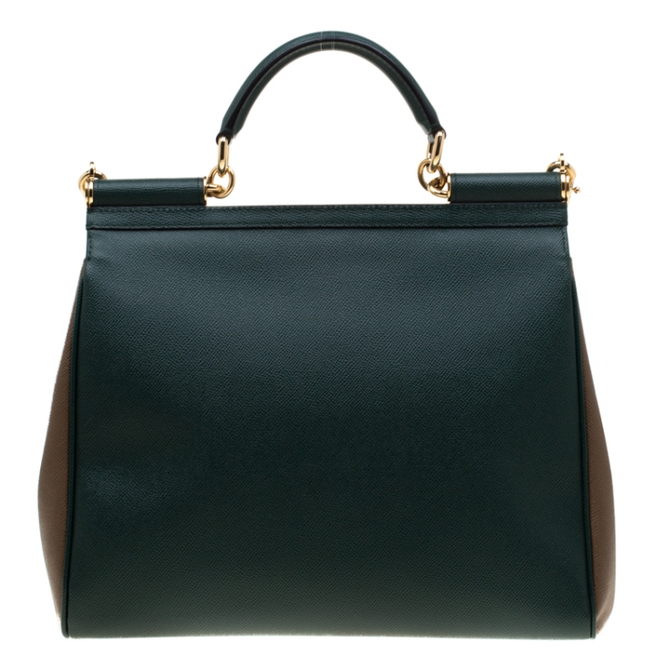 Pre Owned Dolce and Gabbana Dark Green/Brown Leather Large Miss Sicily Top Hande Bag
