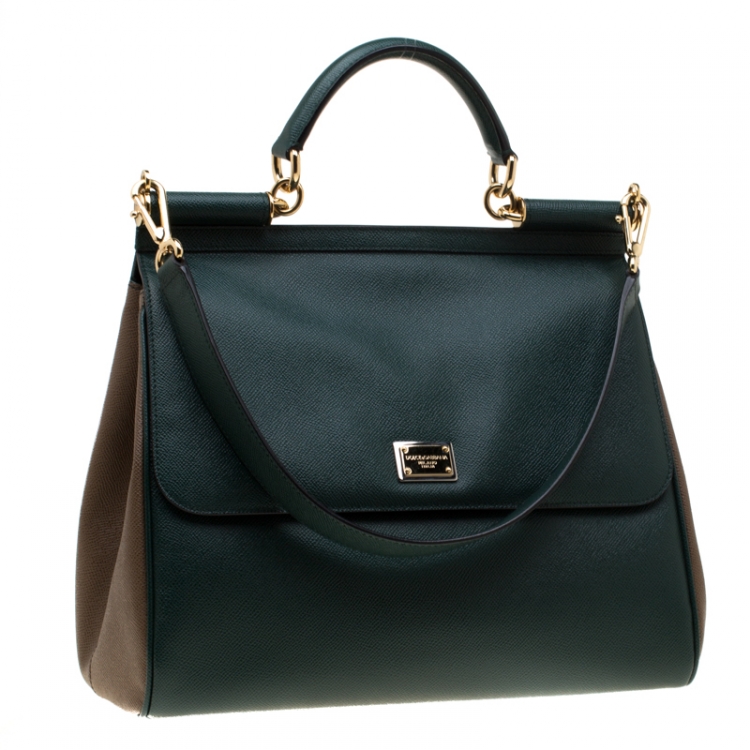 Pre Owned Dolce and Gabbana Dark Green/Brown Leather Large Miss Sicily Top Hande Bag