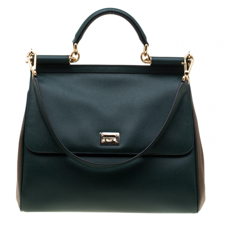 Pre Owned Dolce and Gabbana Dark Green/Brown Leather Large Miss Sicily Top Hande Bag