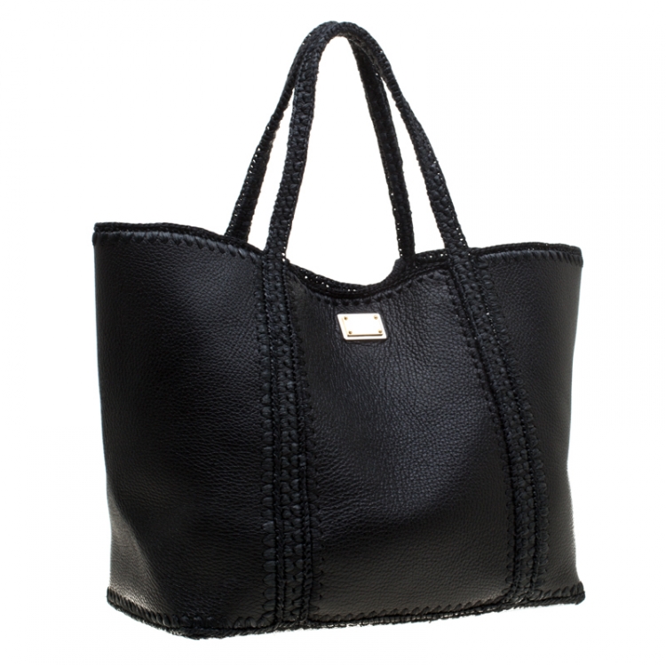 Pre Owned Dolce & Gabbana Black Leather and Raffia Miss Escape Tote