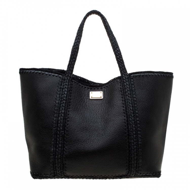 Pre Owned Dolce & Gabbana Black Leather and Raffia Miss Escape Tote