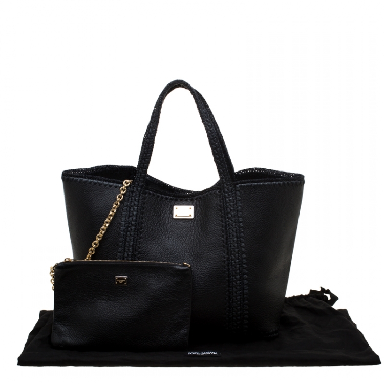 Pre Owned Dolce & Gabbana Black Leather and Raffia Miss Escape Tote