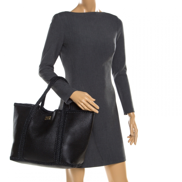 Pre Owned Dolce & Gabbana Black Leather and Raffia Miss Escape Tote