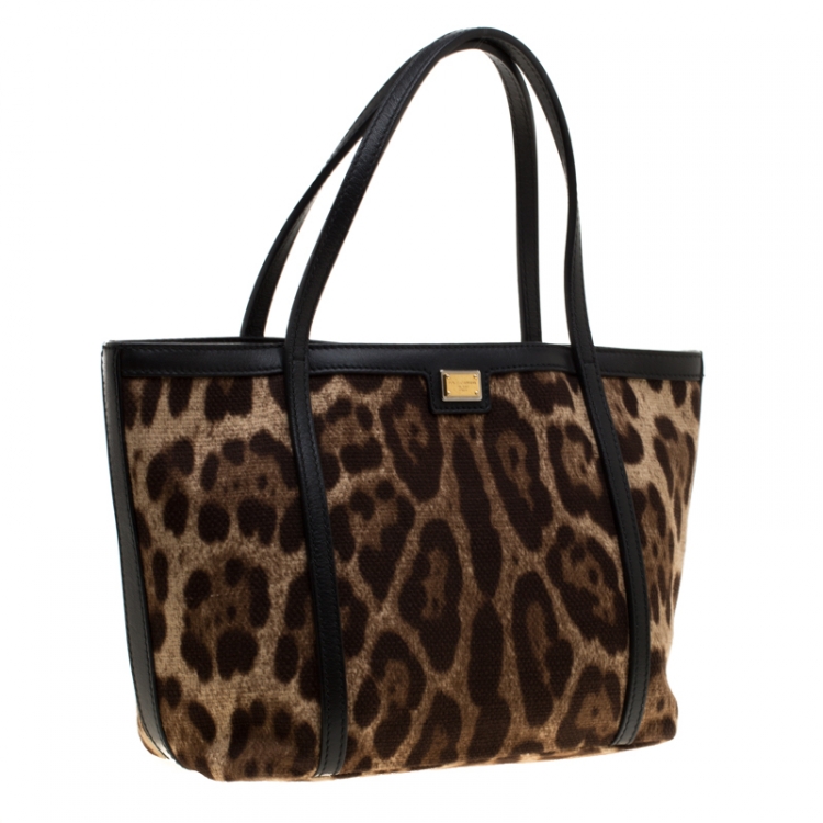 Pre Owned Dolce and Gabbana Brown/Black Leopard Print Fabric and Leather Miss Escape Tote