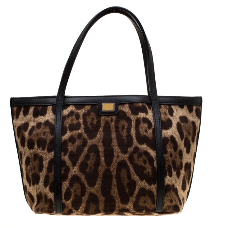 Pre Owned Dolce and Gabbana Brown/Black Leopard Print Fabric and Leather Miss Escape Tote