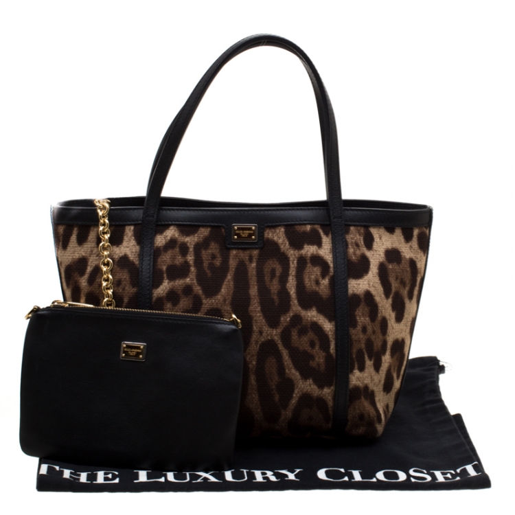 Pre Owned Dolce and Gabbana Brown/Black Leopard Print Fabric and Leather Miss Escape Tote