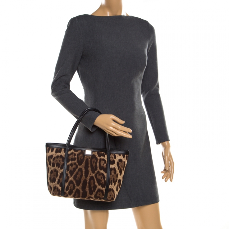Pre Owned Dolce and Gabbana Brown/Black Leopard Print Fabric and Leather Miss Escape Tote