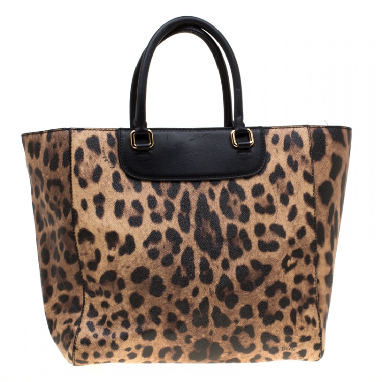 Pre Owned Dolce and Gabbana Black/Brown Leopard Print Leather Lucia Shopper Tote