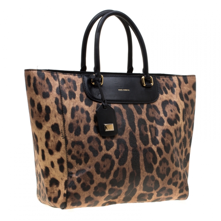 Pre Owned Dolce and Gabbana Black/Brown Leopard Print Leather Lucia Shopper Tote
