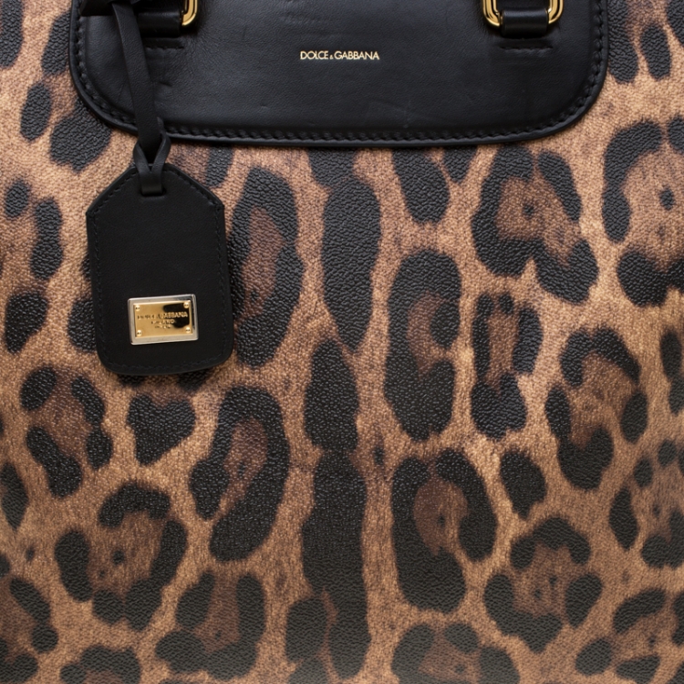 Pre Owned Dolce and Gabbana Black/Brown Leopard Print Leather Lucia Shopper Tote
