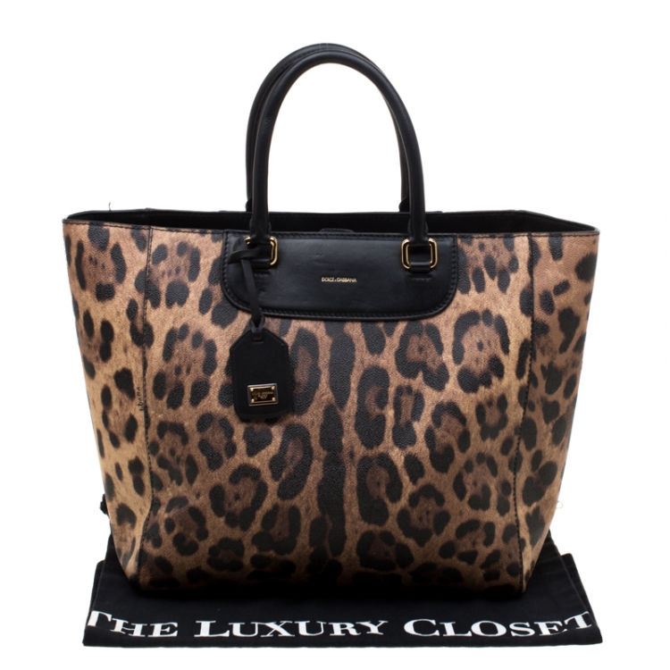 Pre Owned Dolce and Gabbana Black/Brown Leopard Print Leather Lucia Shopper Tote