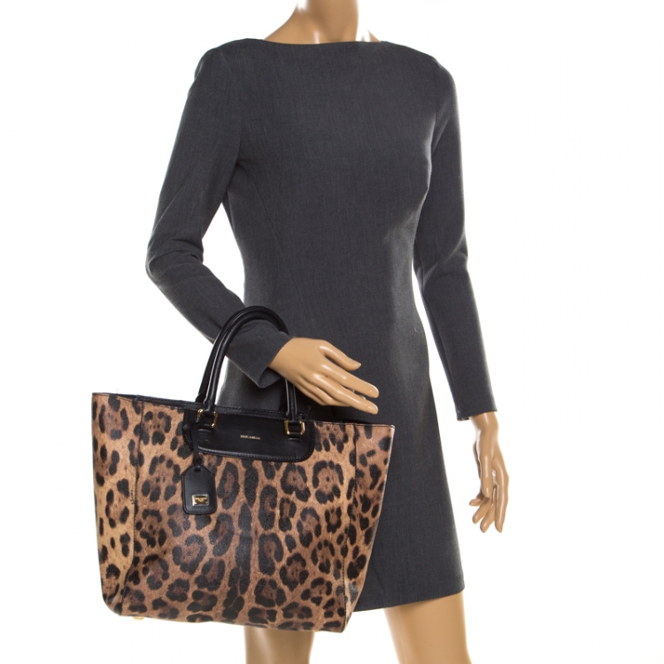 Pre Owned Dolce and Gabbana Black/Brown Leopard Print Leather Lucia Shopper Tote
