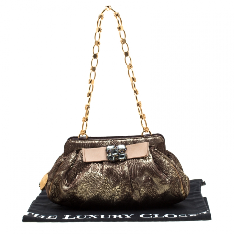 Pre Owned Dolce & Gabbana Metallic Khaki Jacquard Frame Clutch