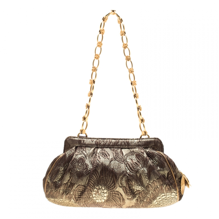 Pre Owned Dolce & Gabbana Metallic Khaki Jacquard Frame Clutch