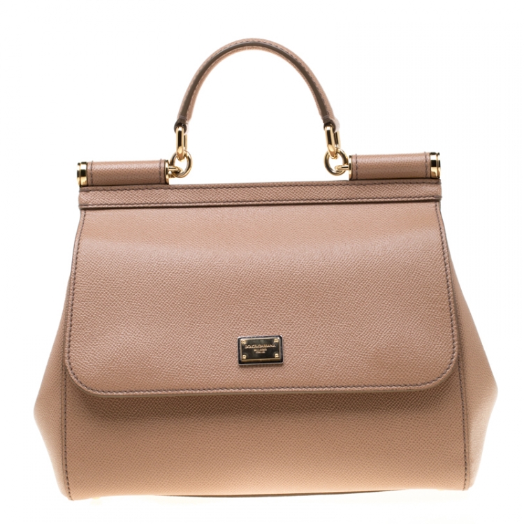 Pre Owned Dolce and Gabbana Light Brown Leather Medium Miss Sicily Top Handle Bag