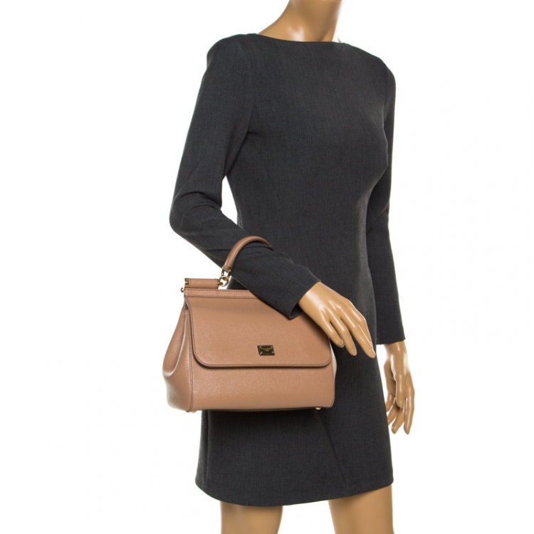 Pre Owned Dolce and Gabbana Light Brown Leather Medium Miss Sicily Top Handle Bag