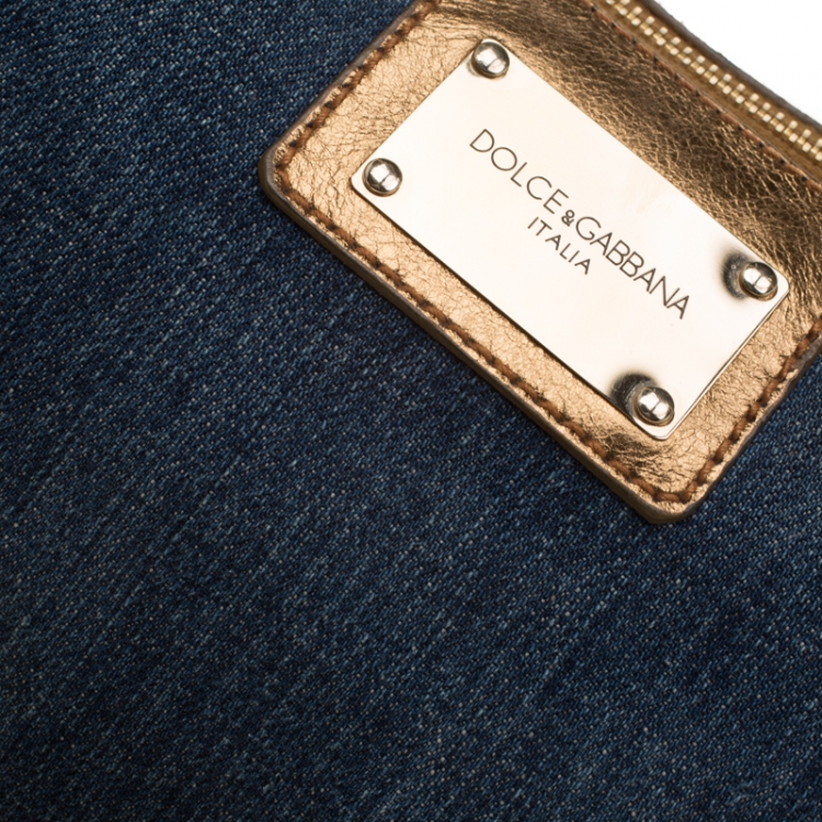 Pre Owned Dolce & Gabbana Blue/Gold Denim and Leather Shoulder Bag