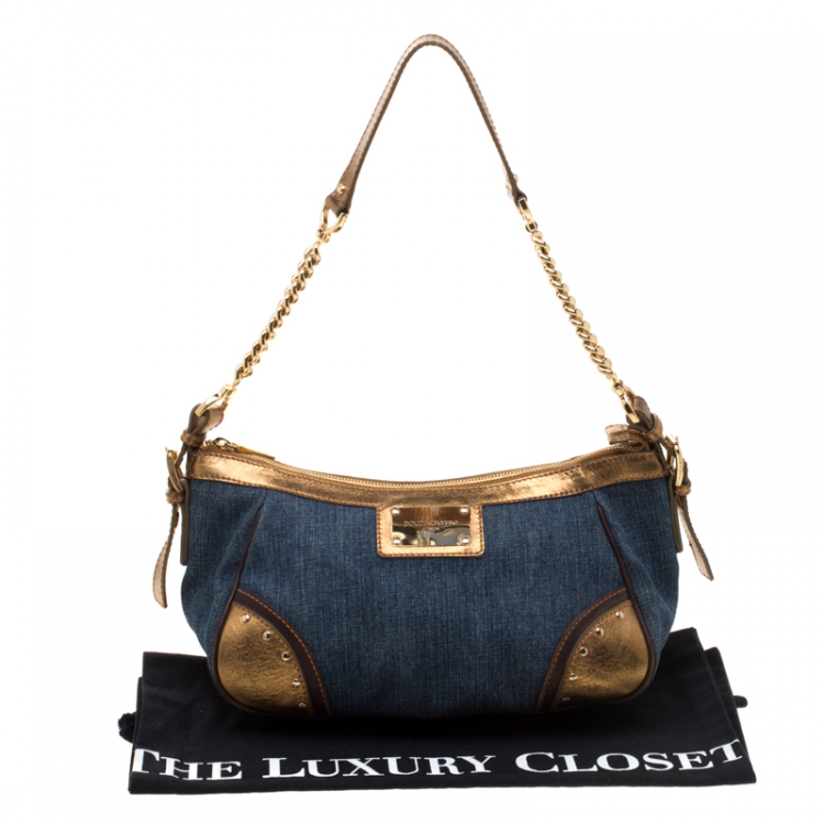 Pre Owned Dolce & Gabbana Blue/Gold Denim and Leather Shoulder Bag