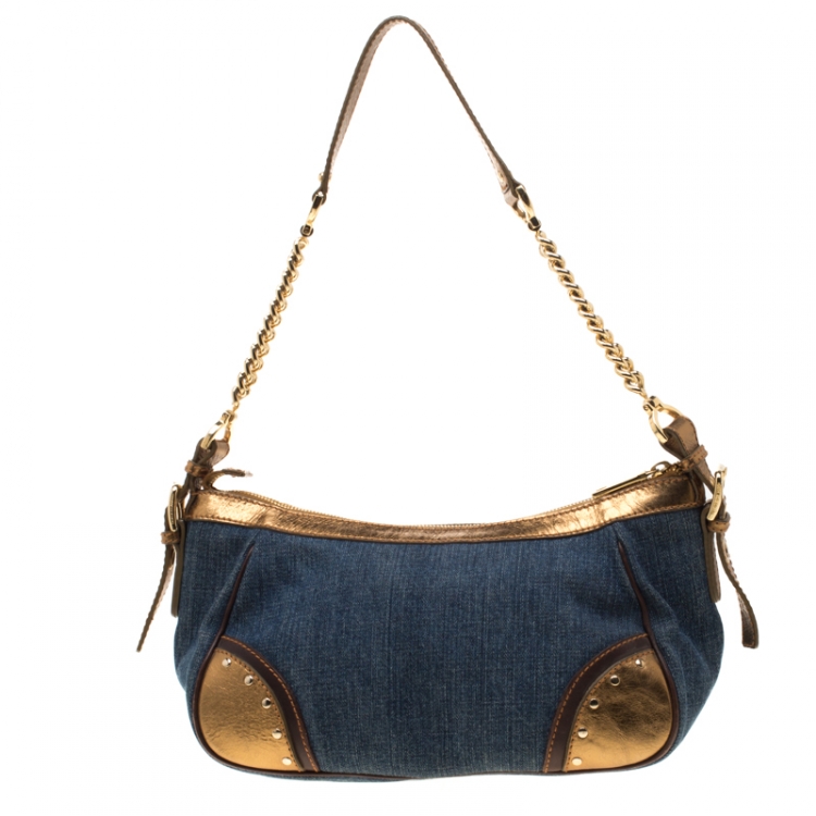 Pre Owned Dolce & Gabbana Blue/Gold Denim and Leather Shoulder Bag