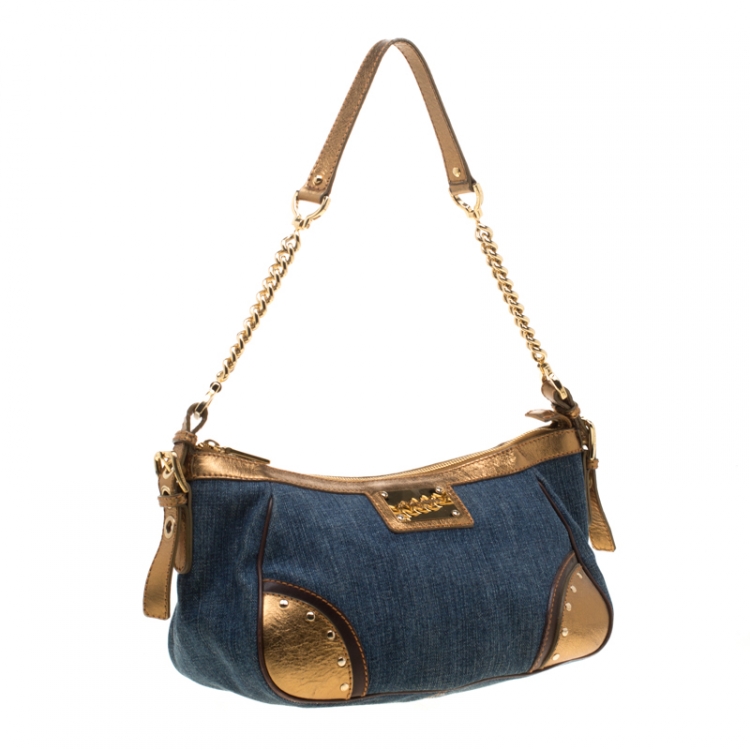 Pre Owned Dolce & Gabbana Blue/Gold Denim and Leather Shoulder Bag