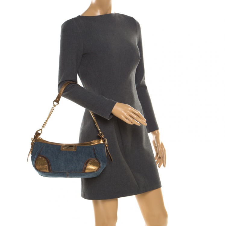 Pre Owned Dolce & Gabbana Blue/Gold Denim and Leather Shoulder Bag