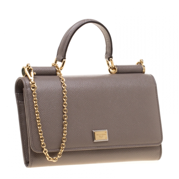 Pre Owned Dolce and Gabbana Grey Leather Sicily Wallet on Chain 
