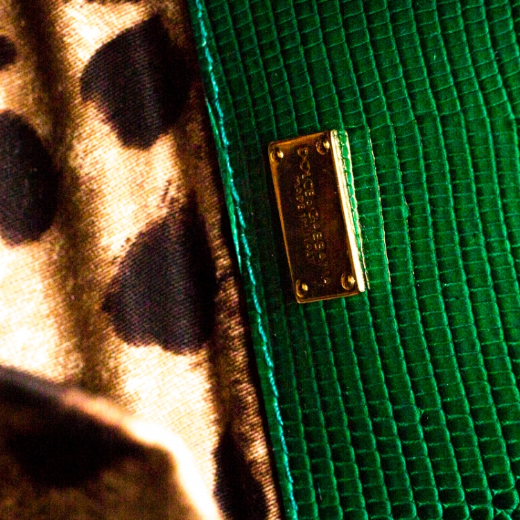 Pre Owned Dolce and Gabbana Green Lizard Embossed Leather Small Miss Monica Top Handle Bag