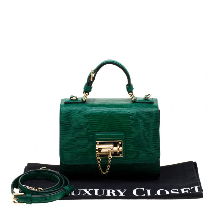 Pre Owned Dolce and Gabbana Green Lizard Embossed Leather Small Miss Monica Top Handle Bag