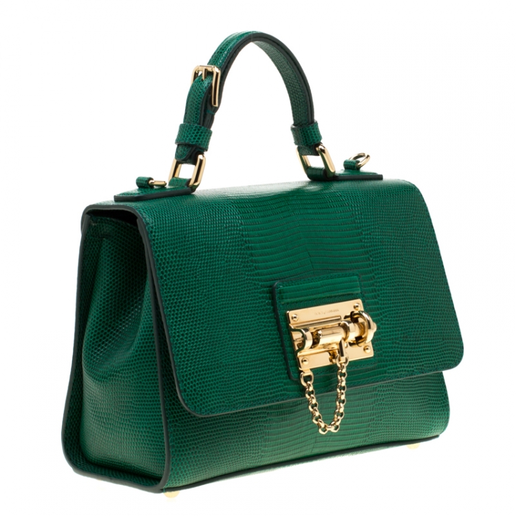 Pre Owned Dolce and Gabbana Green Lizard Embossed Leather Small Miss Monica Top Handle Bag