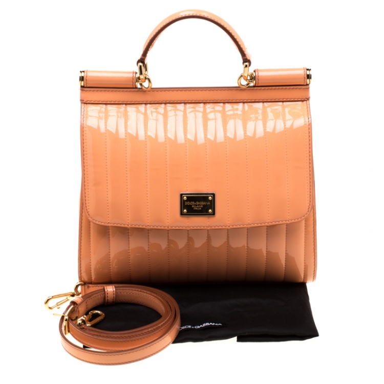 Pre Owned Dolce and Gabbana Peach Patent Leather Medium Miss Sicily Satchel