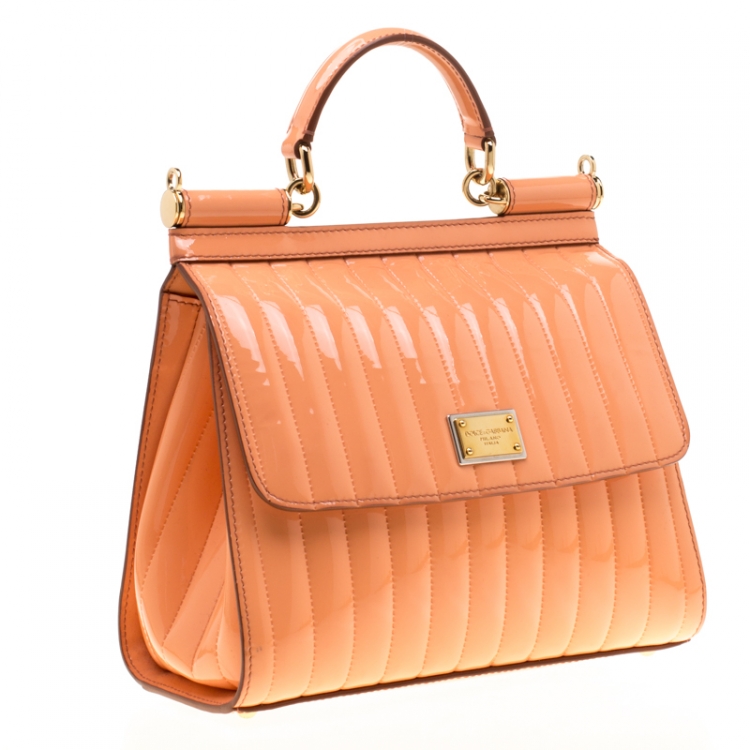 Pre Owned Dolce and Gabbana Peach Patent Leather Medium Miss Sicily Satchel