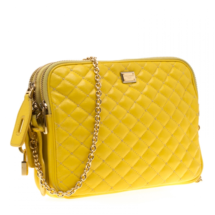 Pre Owned Dolce and Gabbana Yellow Quilted Leather Crossbody Bag