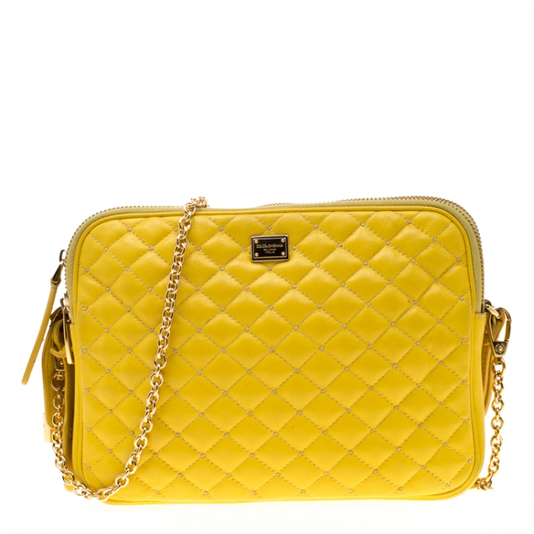 Pre Owned Dolce and Gabbana Yellow Quilted Leather Crossbody Bag