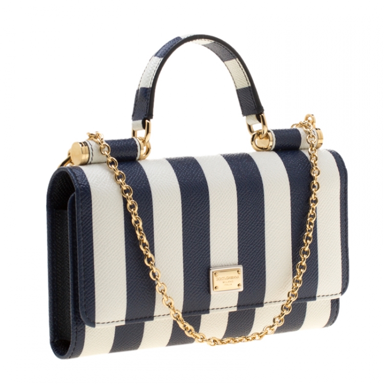 Pre Owned Dolce and Gabbana Blue/White Strip Leather Miss Sicily Von Wallet on Chain
