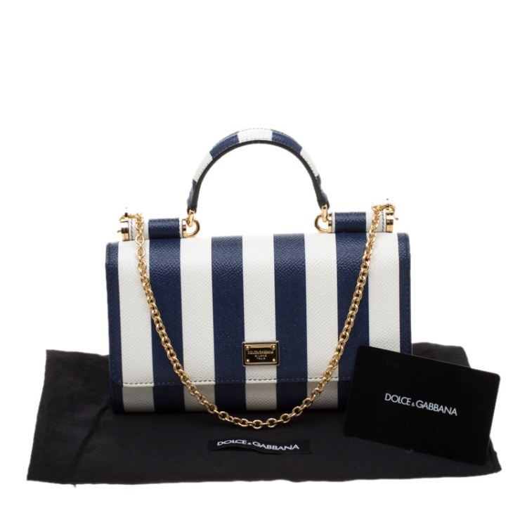 Pre Owned Dolce and Gabbana Blue/White Strip Leather Miss Sicily Von Wallet on Chain